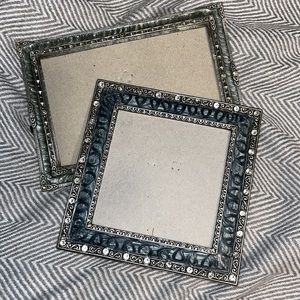 Vintage frames w/ blue & silver designs, black felt backs. Missing glass.
